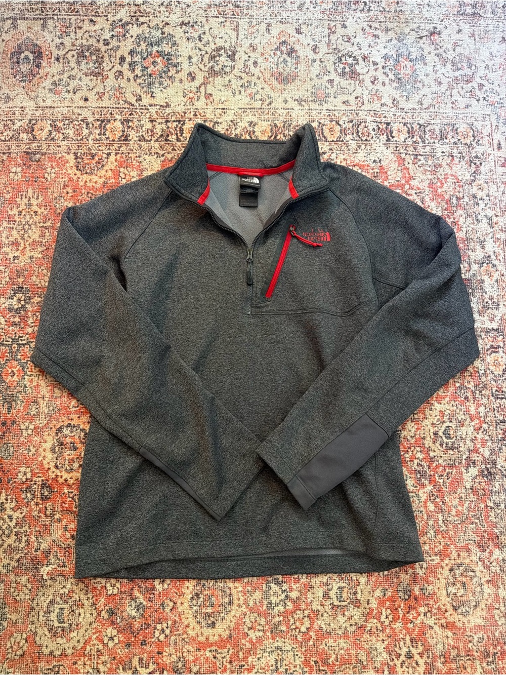 The North Face Men’s Charcoal Gray Quarter-Zip Pullover with Red Trim